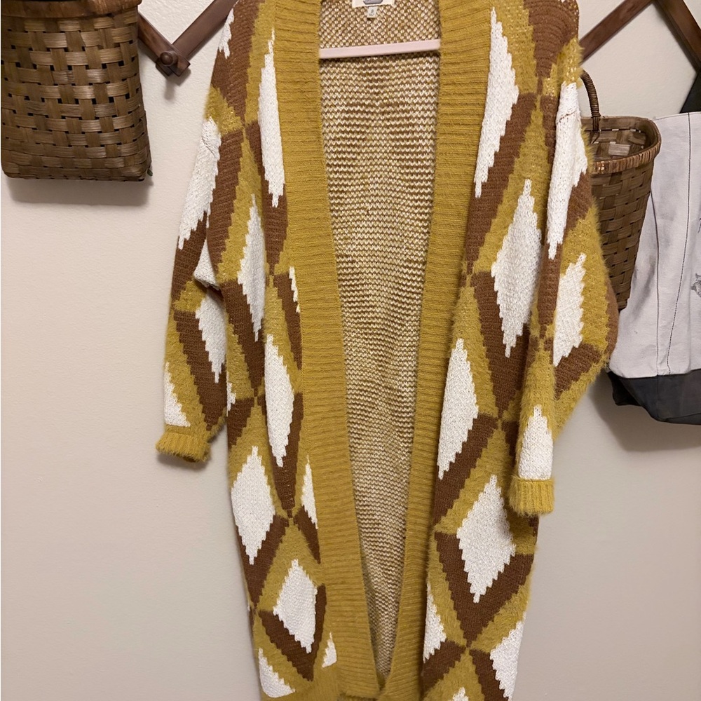 Gimmicks by BKE Mustard and Brown Diamond Cardigan